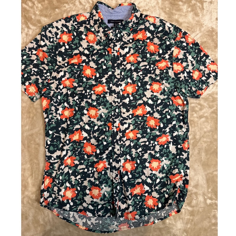Tommy Hilfiger Mens XL Custom Fit Short Sleeve Floral Camo Button Down Shirt